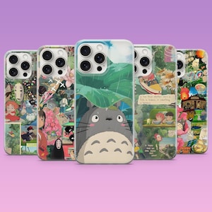 May include: A collection of five phone cases featuring colorful illustrations. The cases showcase various anime-style designs, including characters and scenes from popular animated films. Each case has a different design, with a mix of vibrant colors and detailed artwork.