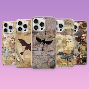 May include: A collection of five phone cases with a dragon theme. Each case features a different design, including illustrations of dragons, maps, and text. The color palette is primarily brown, beige, and black, with a touch of white. The cases are arranged in a row against a purple background.