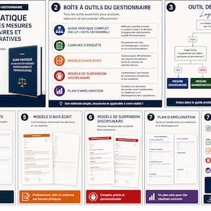 May include: A digital guide for managing disciplinary and administrative measures, featuring a blue book cover, a decision-making flowchart, investigation templates, written notice forms, suspension models, and improvement plans in a modifiable Word format.