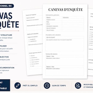 Peut inclure: Un document de modèle d'enquête RH intitulé CANEVAS D'ENQUÊTE. La mise en page comprend des sections structurées pour recueillir des informations, analyser des situations et documenter les étapes. Il présente un fond blanc avec du texte et des icônes bleu foncé, et est disponible au format Word modifiable.