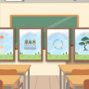 May include: Four framed educational posters with the words "STACK", "ARRAY", "LINKED LIST", and "TREES". Each poster has a light blue background with illustrations of flowers, a balcony with flowers, a floral wreath, and a tree. The frames are brown.