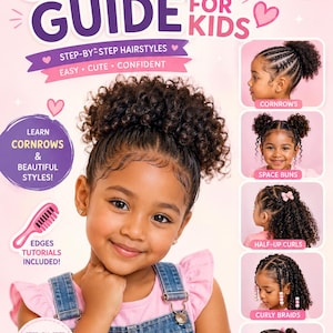 Può includere: Una guida intitolata "Curly Hair Guide for Kids" presenta una bambina con i capelli ricci. La guida include acconciature passo-passo, tra cui trecce, chignon e trecce ricce. La guida include anche consigli per la cura e lo styling dei ricci.