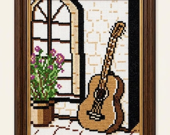 Acoustic Guitar Cross Stitch Pattern PDF | Music Room Decor | Floral Window Embroidery Design | DIY Musician Gift | Rustic Decor