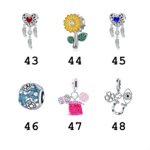 May include: Six silver charms labeled 43 through 48. 43 is a heart dreamcatcher with a red stone. 44 is a sunflower. 45 is a heart dreamcatcher with a blue stone. 46 is a blue turtle bead. 47 features knitting supplies. 48 has a clover and horseshoe.