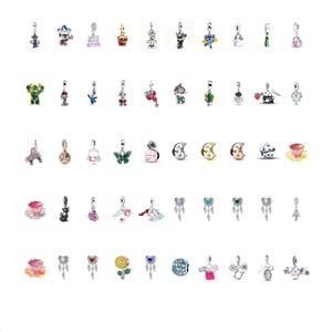 May include: A collection of fifty small metal charms arranged in five rows. The charms feature various designs including animals, flowers, hearts, stars, moons, teacups, and shoes, rendered in silver-tone metal with colorful enamel and crystal accents.