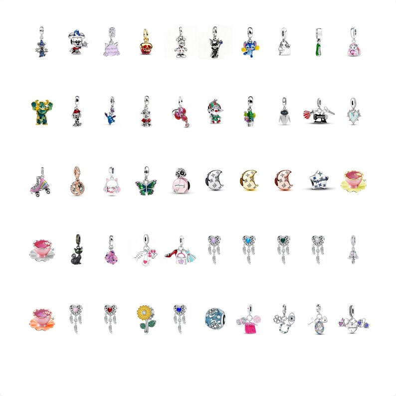 May include: A collection of fifty small metal charms arranged in five rows. The charms feature various designs including animals, flowers, hearts, stars, moons, teacups, and shoes, rendered in silver-tone metal with colorful enamel and crystal accents.
