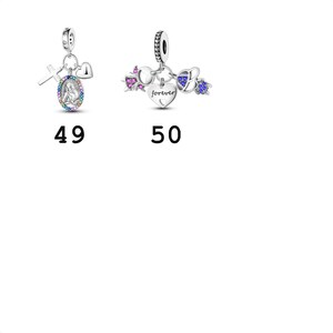 May include: Two silver charm pendants labeled 49 and 50. Charm 49 features a cross, a heart, and an oval medallion with a rainbow-colored border. Charm 50 includes a pink stone-studded piece, a heart engraved with the word forever, and blue accents.