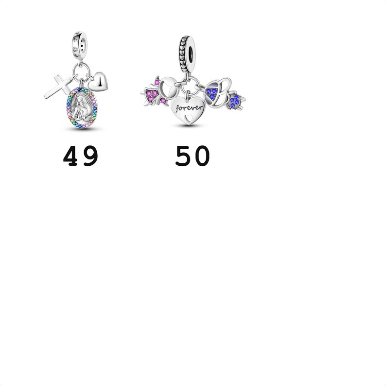 May include: Two silver charm pendants labeled 49 and 50. Charm 49 features a cross, a heart, and an oval medallion with a rainbow-colored border. Charm 50 includes a pink stone-studded piece, a heart engraved with the word forever, and blue accents.
