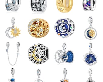 925 Sterling Silver Celestial Moon Star Charm, Galaxy Sun Planet Dangle Bead Charm, Fits Pandora Style European Bracelet Gift for Her