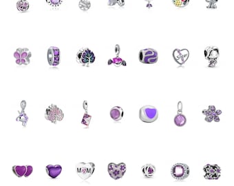 Pandora Charms Purple Heart Butterfly Dangle Charm Beads Fit Pandora Bracelet 925 Sterling Silver Crystal Spacer Beads Gift for Her Women