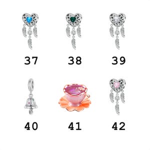 May include: A collection of silver charms including four heart-shaped dreamcatcher designs with blue, green, clear, and pink stones, a bell charm with colorful accents, and a pink teacup on a saucer, labeled with numbers 37 through 42.