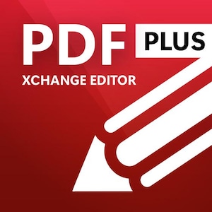Könnte beinhalten: Ein rotes quadratisches digitales Symbol mit dem weißen Text PDF PLUS und XCHANGE EDITOR. Eine große weiße stilisierte Bleistiftgrafik ist diagonal in der unteren rechten Ecke positioniert und zeigt auf dem roten Hintergrund nach links oben.