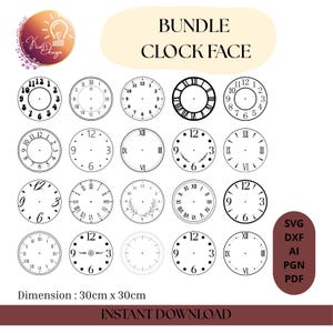 Peut inclure: Ensemble de modèles de cadrans d'horloge en noir et blanc. L'image présente divers styles, tels que des chiffres romains, des chiffres arabes et des designs minimalistes. Dimensions : 30 cm x 30 cm.