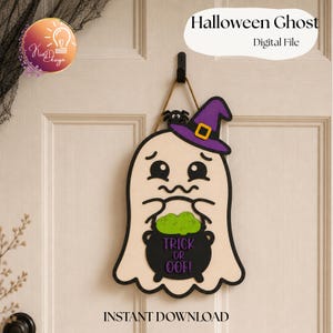 Ghost Cauldron Halloween Sign Svg - Laser Cut Files Door Hanger SVG - Glowforge Cricut