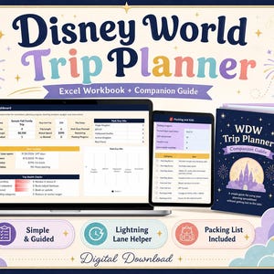 Foglio di calcolo per la pianificazione di viaggi nei parchi a tema, itinerario di vacanza, budget, lista di cose da mettere in valigia, guida in formato Excel e PDF.