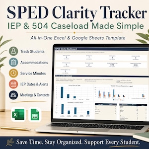 May include: A laptop screen shows the "SPED Clarity Tracker" dashboard, an Excel and Google Sheets template for IEP and 504 caseload management. The display features data charts and graphs. Text includes "Track Students," "Accommodations," and "Service Minutes."