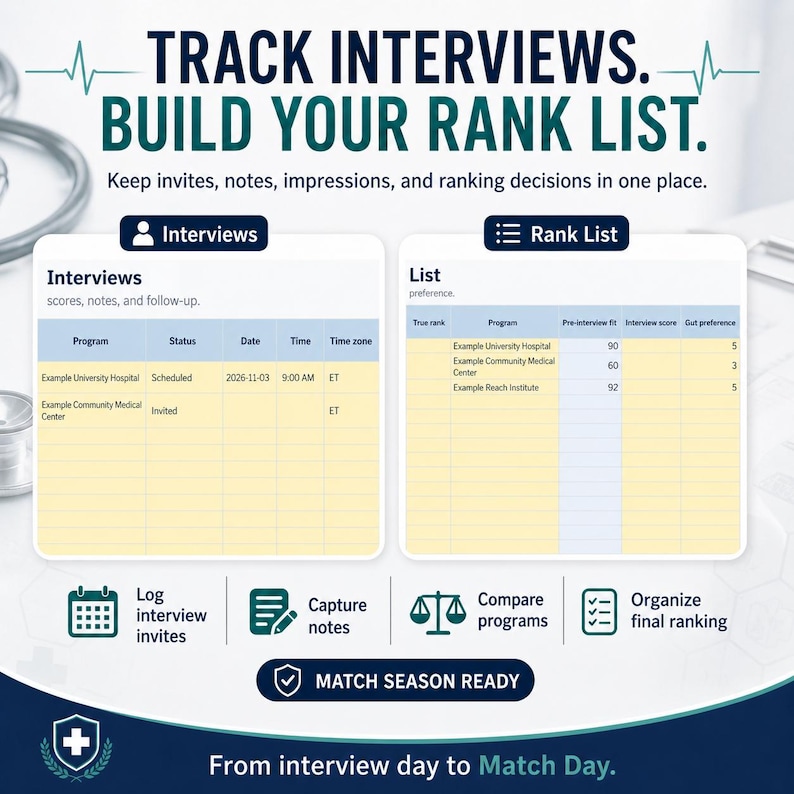 Ultimate ERAS Residency Tracker Excel spreadsheet preview showing organized tables, checklists, and trackers for the main planning workflow.