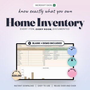 Home Inventory Spreadsheet Excel, Household Inventory List for Insurance Claims, Property Contents Tracker, Room by Room Organizer