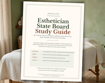 Op de afbeelding: Een witte studiegids getiteld Esthetician State Board Study Guide van Brightcell Studio. De tekst beschrijft 150 oefenvragen voor het NIC Esthetics theorie-examen, inclusief infectiepreventie, huidwetenschap en gezichtsbehandelingen.
