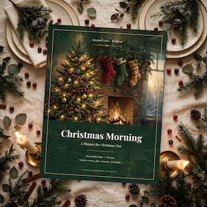 May include: A rectangular planner titled Christmas Morning A Planner for Christmas Day with a dark green cover featuring a lit Christmas tree, stockings hung by a fireplace, and text detailing 24 printable pages, US Letter, and various planning sections.