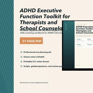 ADHD Executive Function Toolkit, Printable Therapist Worksheets and School Counselor Planner