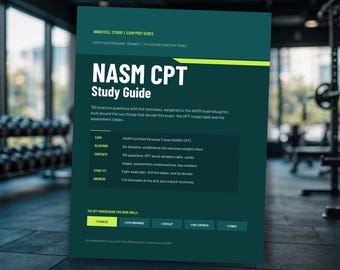 Op de afbeelding: Een donkergroenblauwe NASM CPT-studiegids met witte tekst en limoengroene accenten. De omslag bevat de titel NASM CPT Study Guide, examendetails en een sectie met de titel The OPT Progression This Book Drills met vijf vakjes.