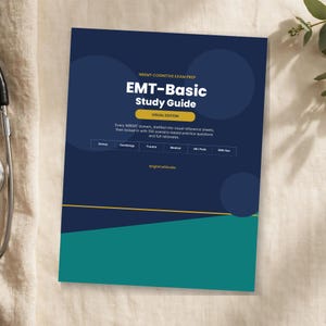May include: A rectangular EMT-Basic Study Guide with a dark blue and teal cover. The text reads NREMT COGNITIVE EXAM PREP, EMT-Basic Study Guide, VISUAL EDITION, and lists topics including Airway, Cardiology, Trauma, Medical, OB/Peds, and EMS Ops.