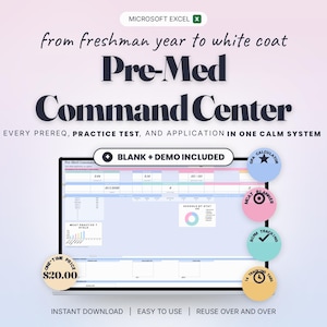 Pre-Med Application Tracker Spreadsheet, AMCAS Planner Excel Template, MCAT Study Plan and GPA Calculator