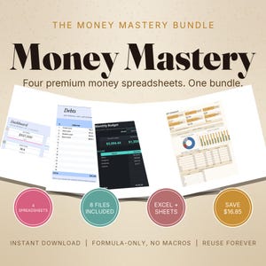 Money Mastery Spreadsheet Bundle Excel Google Sheets, 4 Budget Planner Workbooks, Monthly Budget Debt Payoff Net Worth FIRE Tracker Set