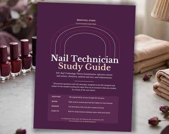 Op de afbeelding: Een donkerpaarse boekomslag met de titel Nail Technician Study Guide en witte tekst die Brightcell Studio, het NIC Nail Technology theorie-examen en 150 oefenvragen voor nagelstylisten vermeldt.