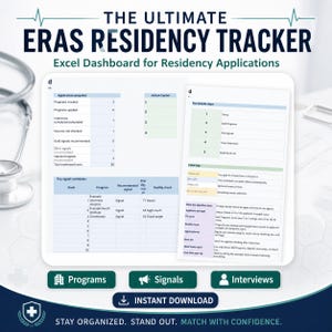 Op de afbeelding: Een digitaal ERAS Residency Tracker dashboard met de tekst "THE ULTIMATE ERAS RESIDENCY TRACKER" en "Excel Dashboard for Residency Applications". Het dashboard bevat secties voor applicatie snapshots, actiecentrum en top signaal kandidaten.