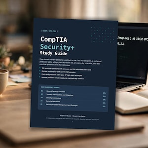 May include: A dark blue CompTIA Security+ Study Guide cover featuring the text Exam SY0-701, a list of study materials including 150 practice questions, and an exam blueprint readout table detailing five domain sections with their respective percentages.