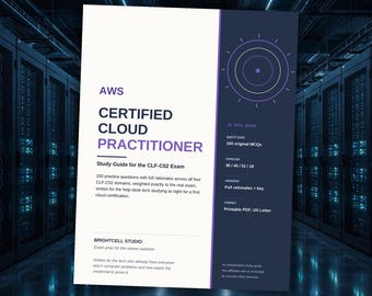 Op de afbeelding: Een wit en donkerblauw studiegids voor het AWS Certified Cloud Practitioner CLF-C02 examen van Brightcell Studio. Het document bevat een cirkelvormige afbeelding, 150 originele MCQs, domeinoverzichten en volledige toelichtingen in PDF.