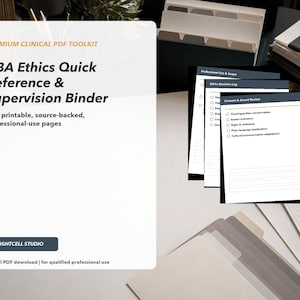 Puede incluir: Un kit de herramientas PDF digital titulado ABA Ethics Quick Reference & Supervision Binder con más de 60 páginas imprimibles de uso profesional. El documento incluye secciones para Professional Use & Scope, Ethics Decision Log y Consent & Assent Review.