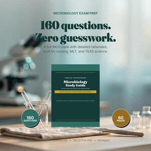 Może przedstawiać: Podręcznik do mikrobiologii z ciemnozieloną okładką i białym tekstem. Na okładce widnieje napis: Microbiology Study Guide, 160 exam-style practice questions with detailed rationales oraz 60 pages. Jest to cyfrowy plik PDF do pobrania w formacie US letter.