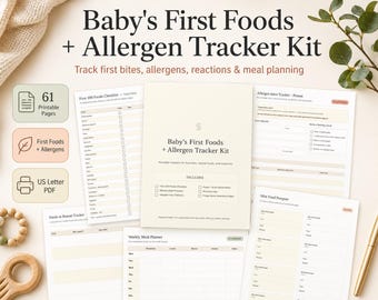 Printbare tracker voor de eerste vaste voeding van je baby | Baby Led Weaning Planner, checklist met 100 voedingsmiddelen, allergenenlogboek, startgids voor vaste voeding