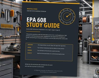 Op de afbeelding: Een donkergrijze rechthoekige studiegids met de titel EPA 608 STUDY GUIDE in gele tekst. Het bevat een klokpictogram, een lijst met 150 oefenvragen, sectieoverzichten en antwoordsleutels voor Core, Type I, Type II en Type III certificeringsexamens.