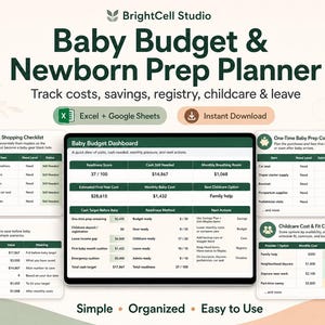 Peut inclure: Un planificateur numérique de budget et de préparation pour nouveau-né, vert et blanc. Il suit les coûts, les économies, l'enregistrement, la garde d'enfants et le congé. Le texte indique "Baby Budget & Newborn Prep Planner".