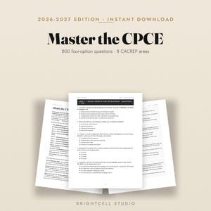 May include: A digital study guide titled Master the CPCE 2026-2027 Edition, featuring 800 four-option questions across 8 CACREP areas. The document displays multiple pages of text, including Area 1 Human Growth and Development questions.