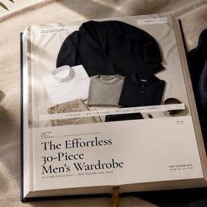 Puede incluir: Un libro de tapa dura titulado The Effortless 30-Piece Men's Wardrobe, con una imagen de portada que muestra un blazer negro, una camisa blanca, un suéter gris, un polo negro y pantalones beige. El texto incluye The Tested Guy Premium Edition.
