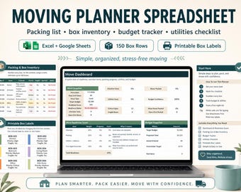 Op de afbeelding: Een laptop toont een spreadsheet voor een verhuisplanner met secties voor paklijsten, boxinventaris en budgettracking. Het scherm toont gegevenstabellen en een dashboard. De tekst luidt: "Eenvoudig, georganiseerd, stressvrij verhuizen."