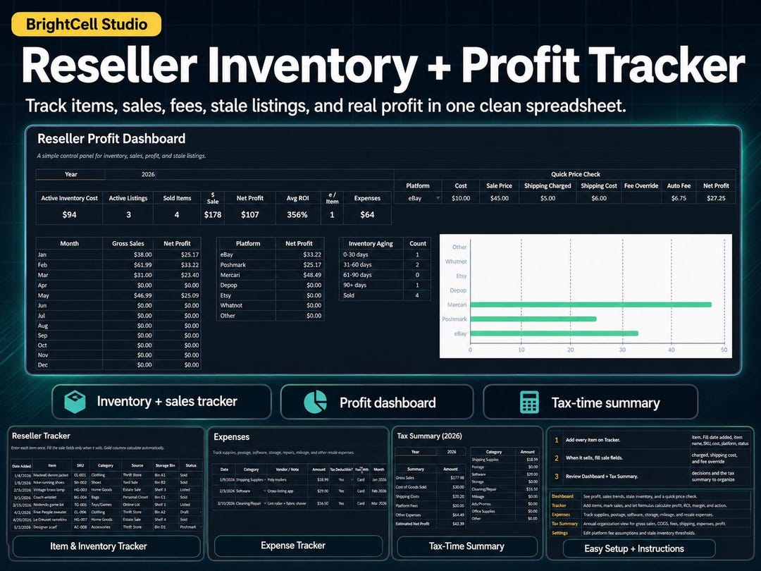 Reseller Inventory Spreadsheet, Profit Tracker for Ebay Poshmark ...