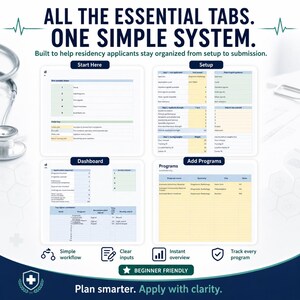 Preview of Ultimate ERAS Residency Tracker Excel with dashboard-style summary panels, spreadsheet tabs, and editable planning sections.