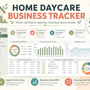 以下が含まれることがあります： グラフで表示された財務データを含む、Home Daycare Business Tracker スプレッドシート。 スプレッドシートには、授業料、経費、収入のセクションが含まれています。 画像のテキストには「Excel + Google Sheets compatible」が含まれています。