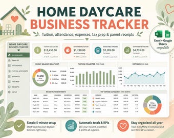 Op de afbeelding: Een Home Daycare Business Tracker-spreadsheet met financiële gegevens weergegeven in grafieken. De spreadsheet bevat secties voor collegegeld, uitgaven en inkomsten. Tekst op de afbeelding bevat "Excel + Google Sheets compatible."
