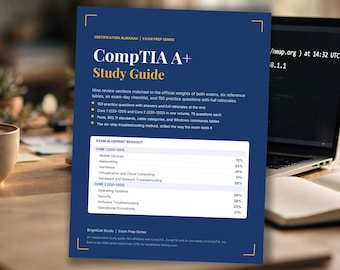 Op de afbeelding: Een donkerblauwe CompTIA A+ Study Guide boekomslag met witte en gele tekst. Het bevat details voor examenvoorbereiding, waaronder 150 oefenvragen, Core 1 en Core 2 examenoverzichten met wegingspercentages en methoden voor probleemoplossing.