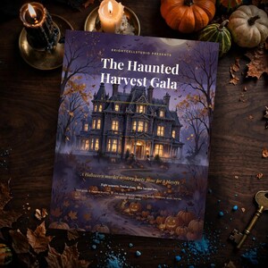 Könnte beinhalten: Eine rechteckige Spieleschachtel mit dem Titel The Haunted Harvest Gala, die eine nächtliche Illustration eines großen viktorianischen Herrenhauses mit beleuchteten Fenstern zeigt, umgeben von Herbstbäumen und Kürbissen, mit Text zum Spiel.