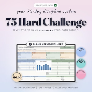 75 Hard Challenge Tracker Spreadsheet Excel, 75 Day Habit Tracker with Fitness Accountability, Workout Planner, Mental Toughness Program