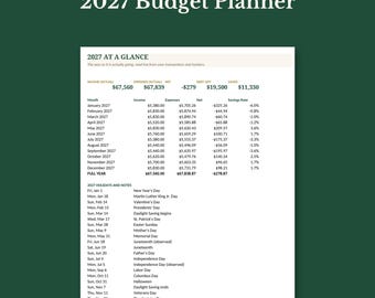 Op de afbeelding: Een digitale 2027 budgetplanner voor Excel en Google Sheets met een 2027 At A Glance overzichtstabel met maandelijkse inkomsten, uitgaven, netto en spaarpercentages, plus een lijst met feestdagen in 2027, 21 tabbladen en 3.246 formules.