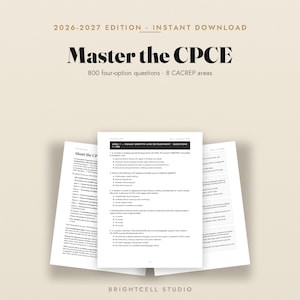 May include: A digital study guide titled Master the CPCE 2026-2027 Edition, featuring 800 four-option questions across 8 CACREP areas. The document includes pages with text about the CPCE, human growth and development questions, and answer keys.